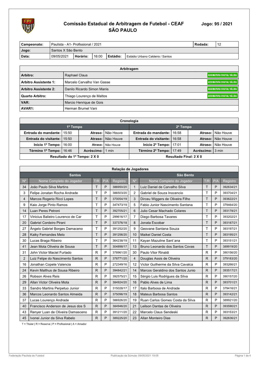 Comissão Estadual De Arbitragem De Futebol - CEAF Jogo: 95 / 2021 SÃO PAULO