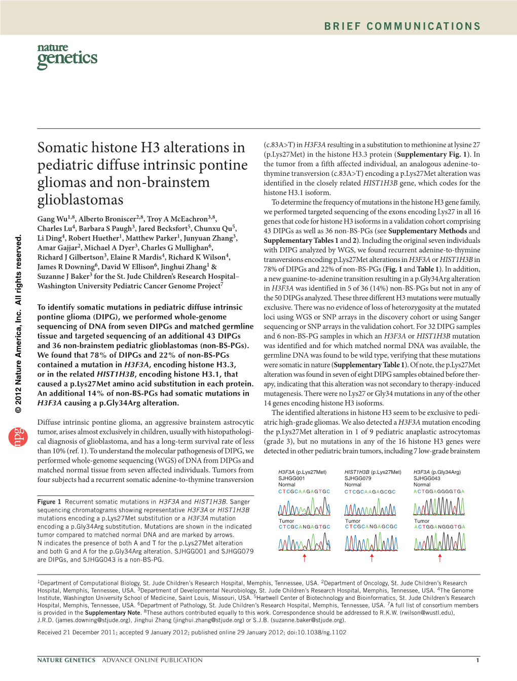 Somatic Histone H3 Alterations in Pediatric Diffuse Intrinsic Pontine