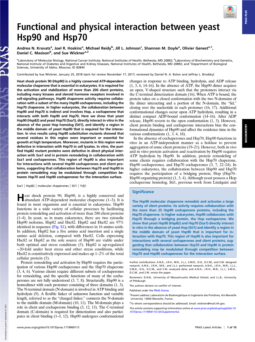 Functional and Physical Interaction Between Yeast Hsp90 and Hsp70