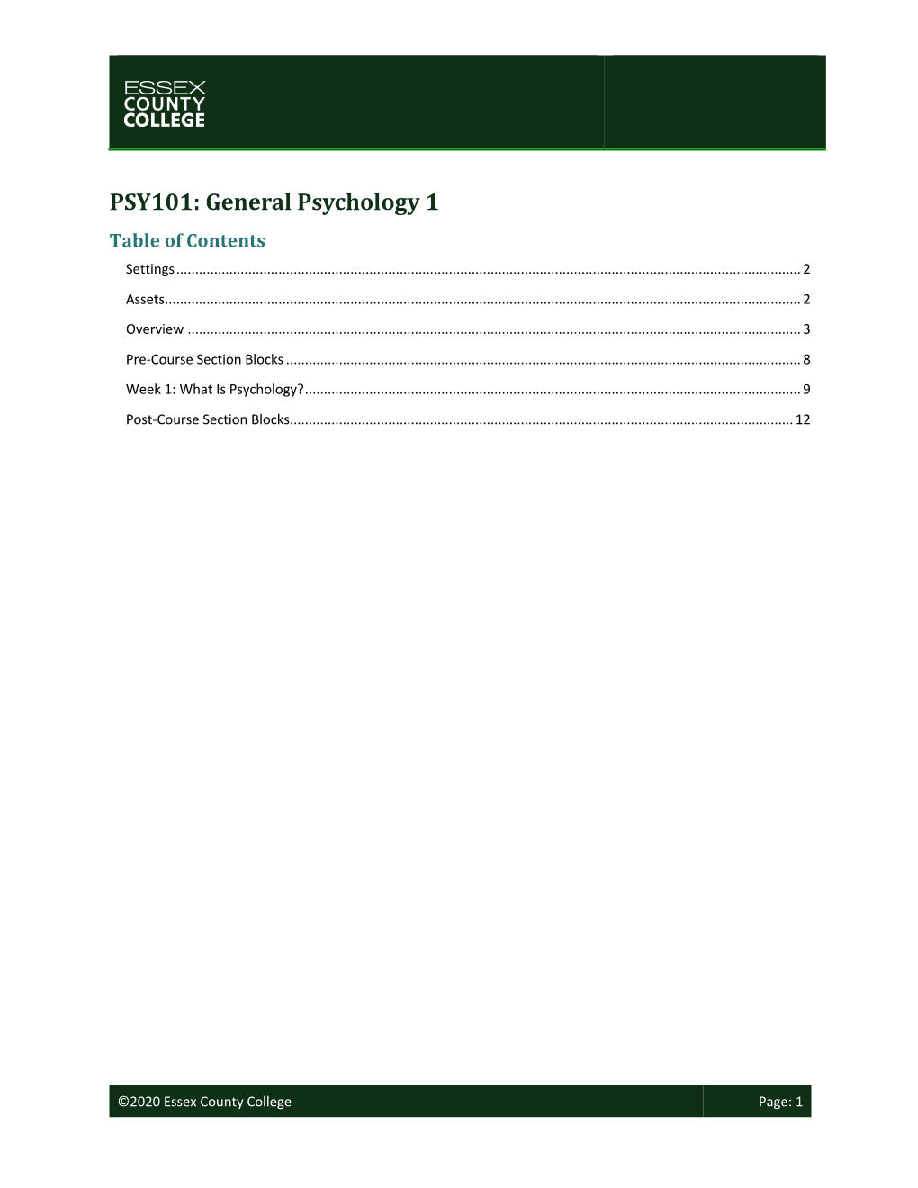 PSY101: General Psychology 1 Table of Contents Settings