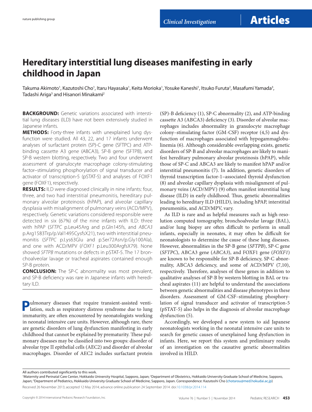 Hereditary Interstitial Lung Diseases Manifesting in Early Childhood in Japan