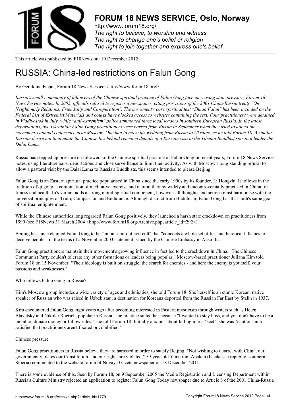 RUSSIA: China-Led Restrictions on Falun Gong