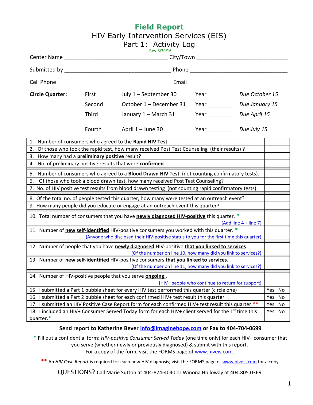 HIV Early Intervention Services (EIS) Quarterly Activity Log (Version 10/01)