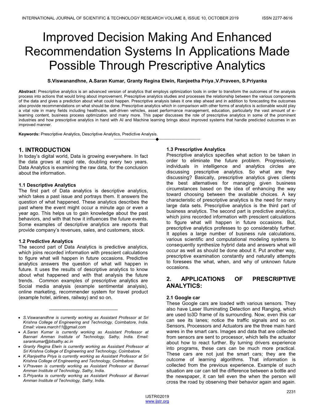 Improved Decision Making and Enhanced Recommendation Systems in Applications Made Possible Through Prescriptive Analytics