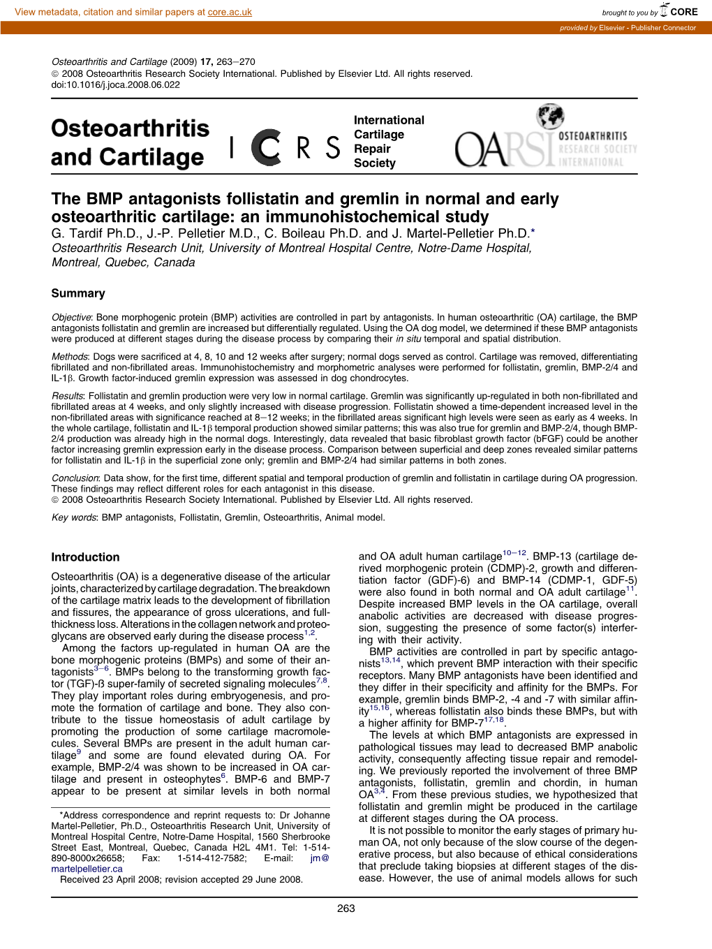 The BMP Antagonists Follistatin and Gremlin in Normal and Early Osteoarthritic Cartilage: an Immunohistochemical Study G