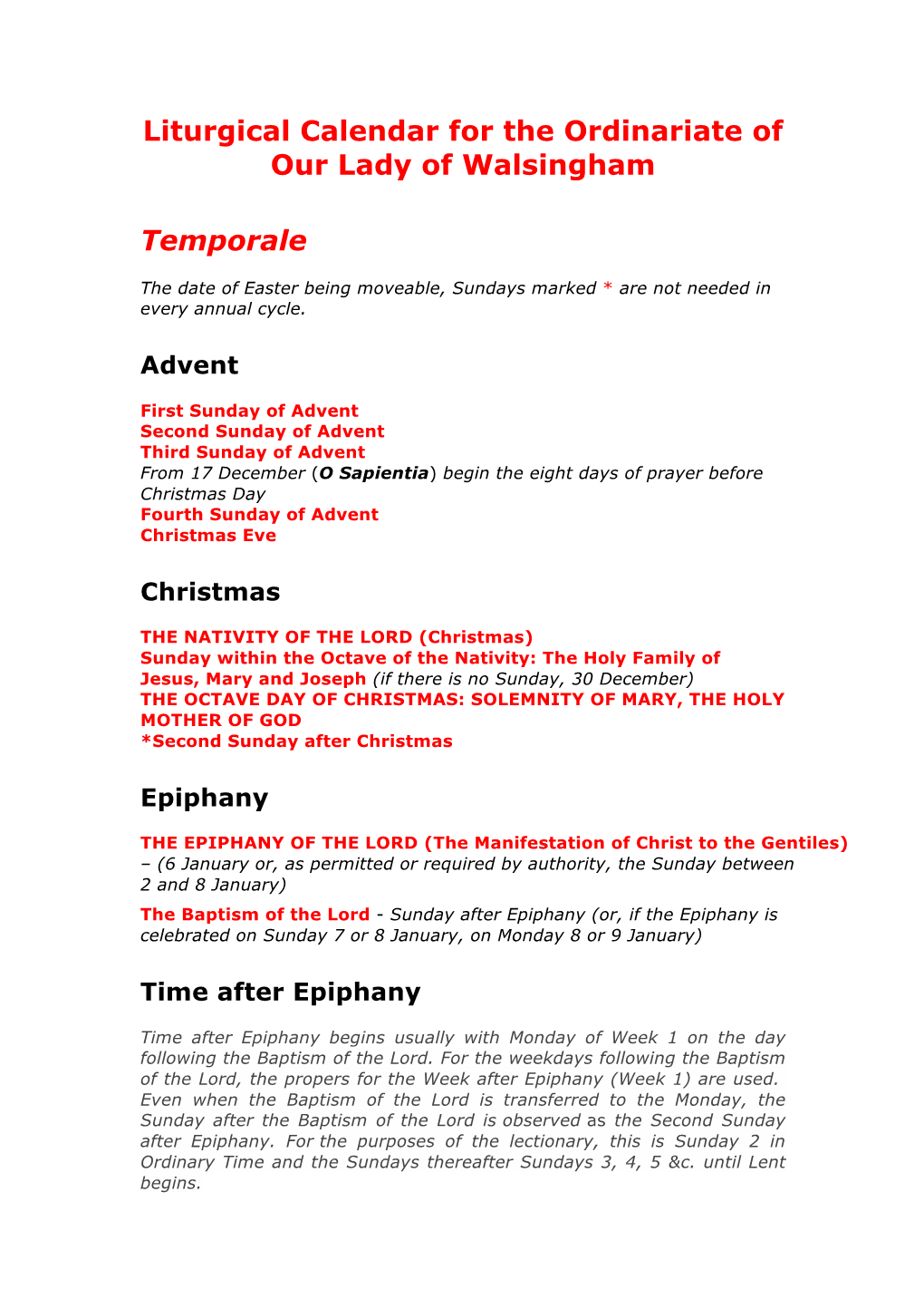 Liturgical Calendar for the Ordinariate of Our Lady of Walsingham