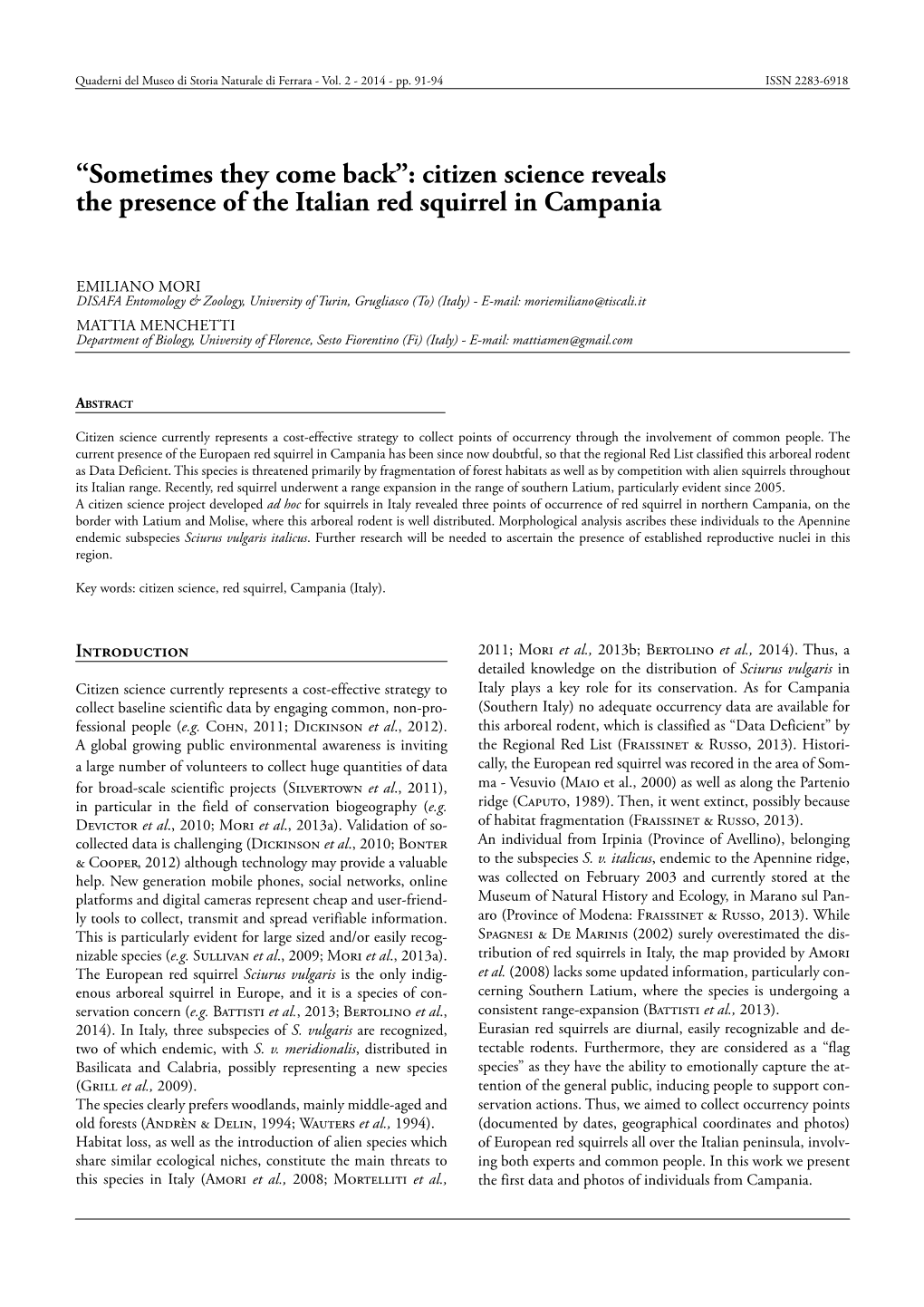 Citizen Science Reveals the Presence of the Italian Red Squirrel in Campania