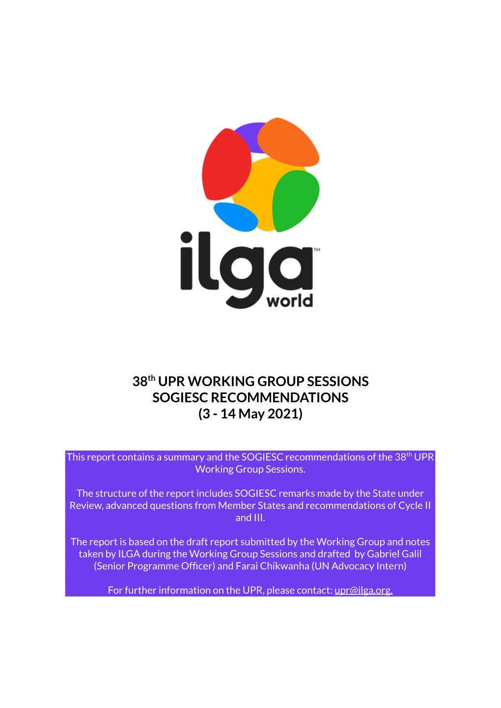 38Th UPR WORKING GROUP SESSIONS SOGIESC RECOMMENDATIONS (3 - 14 May 2021)