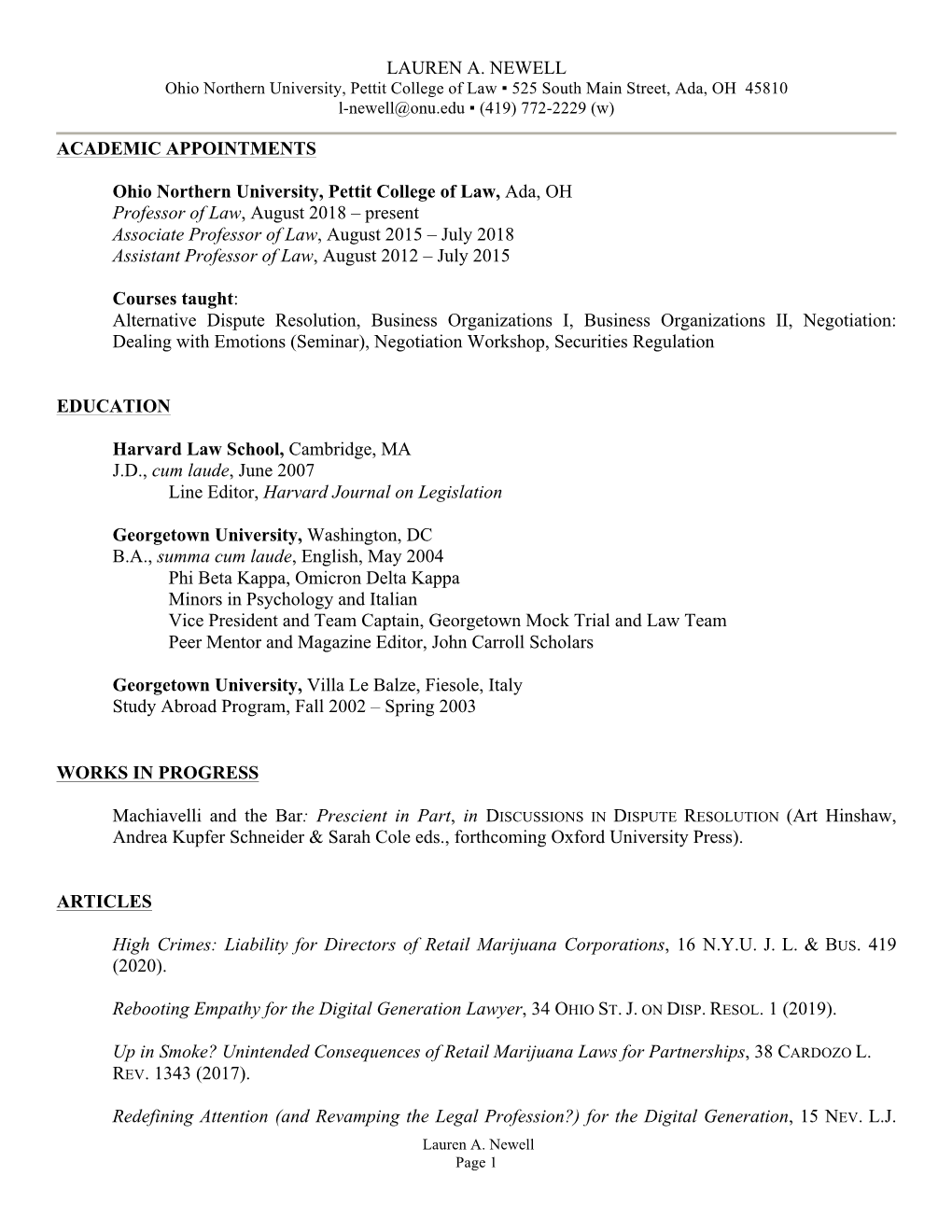 LAUREN A. NEWELL Ohio Northern University, Pettit College of Law ▪ 525 South Main Street, Ada, OH 45810 L-Newell@Onu.Edu ▪ (419) 772-2229 (W)
