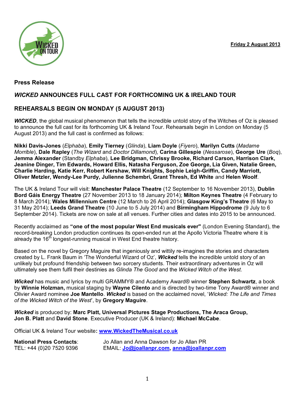 1 Press Release WICKED ANNOUNCES FULL CAST FOR