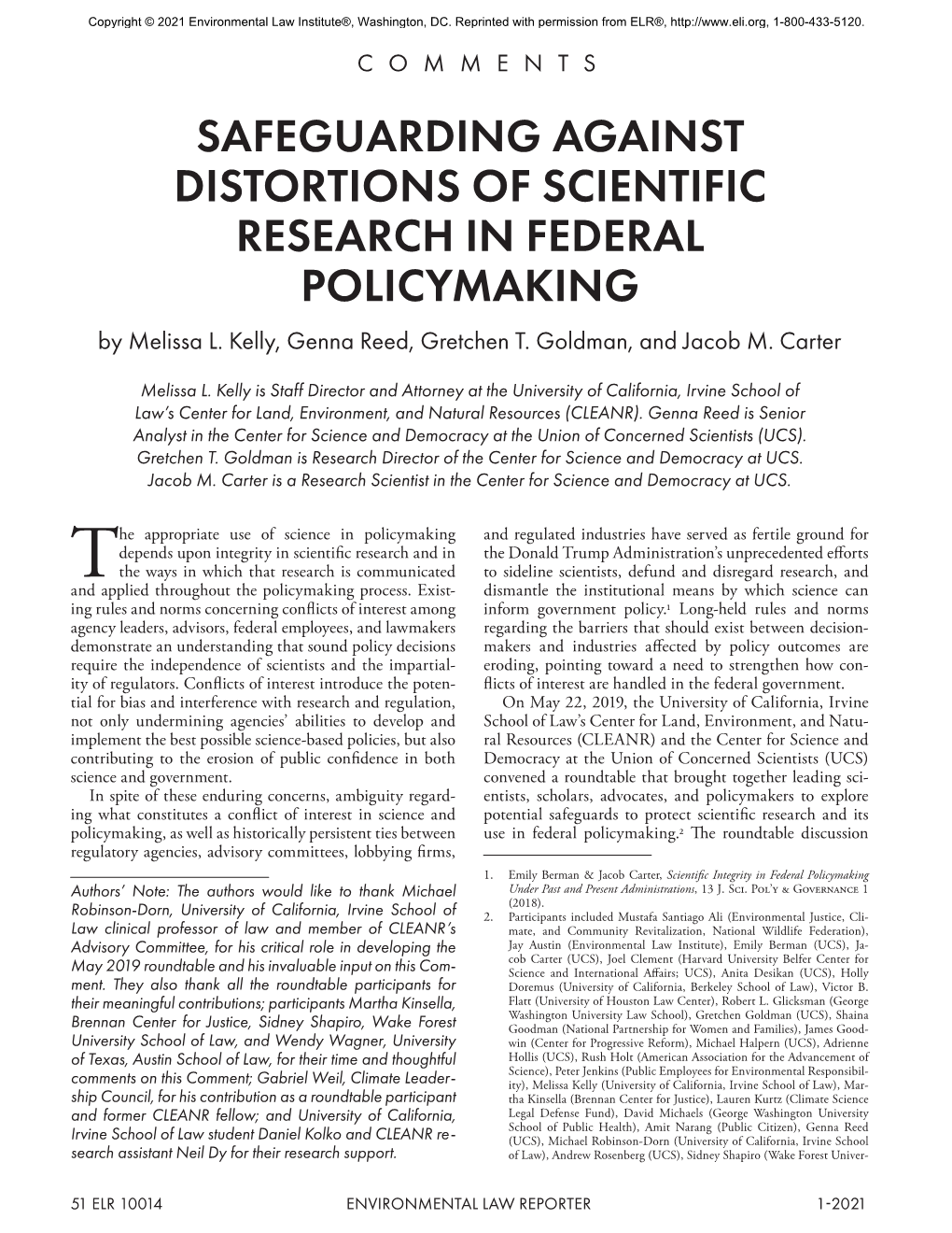 SAFEGUARDING AGAINST DISTORTIONS of SCIENTIFIC RESEARCH in FEDERAL POLICYMAKING by Melissa L