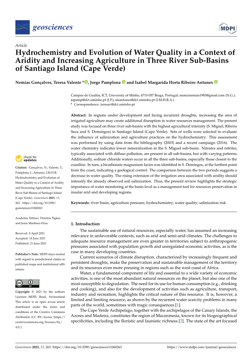 Hydrochemistry and Evolution of Water Quality in a Context of Aridity and Increasing Agriculture in Three River Sub-Basins of Santiago Island (Cape Verde)