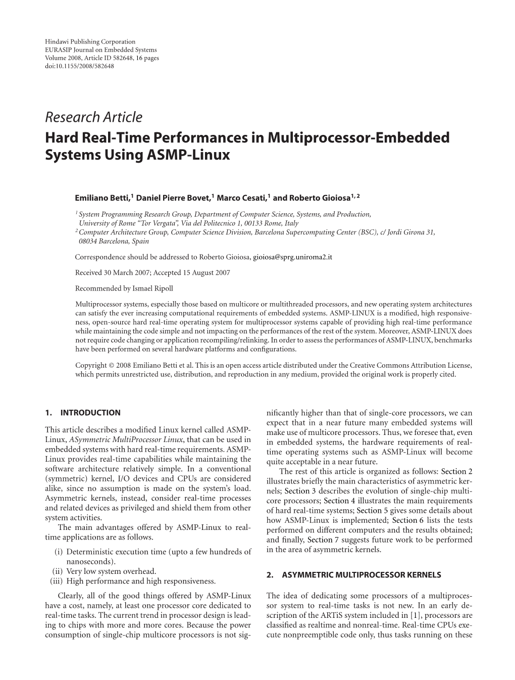 Hard Real-Time Performances in Multiprocessor-Embedded Systems Using ASMP-Linux