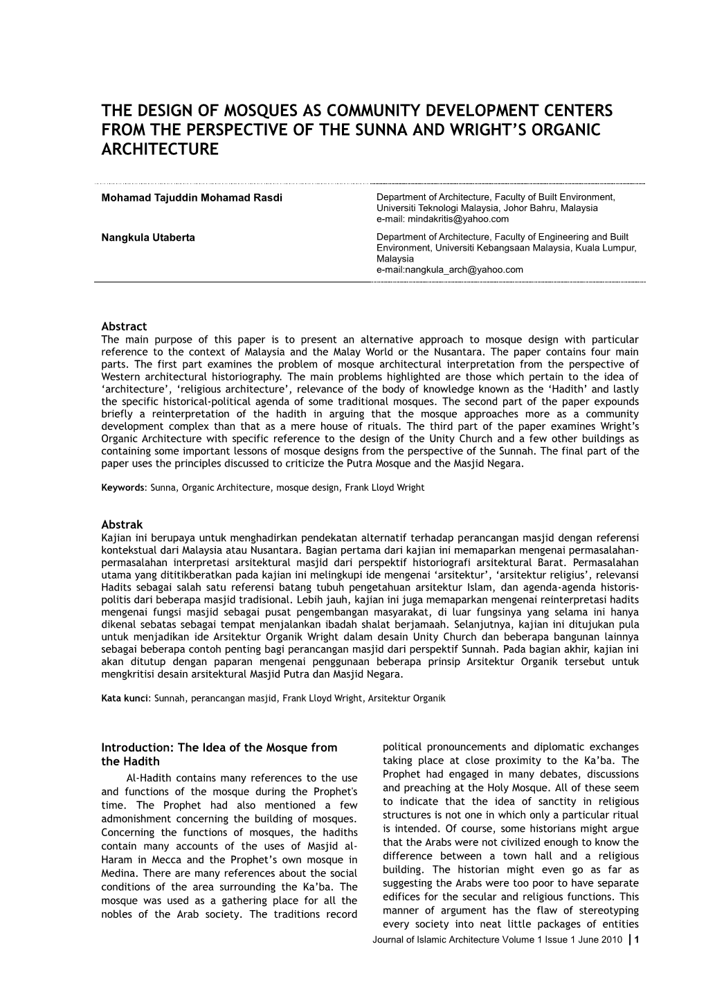 The Design of Mosques As Community Development Centers from the Perspective of the Sunna and Wright’S Organic Architecture