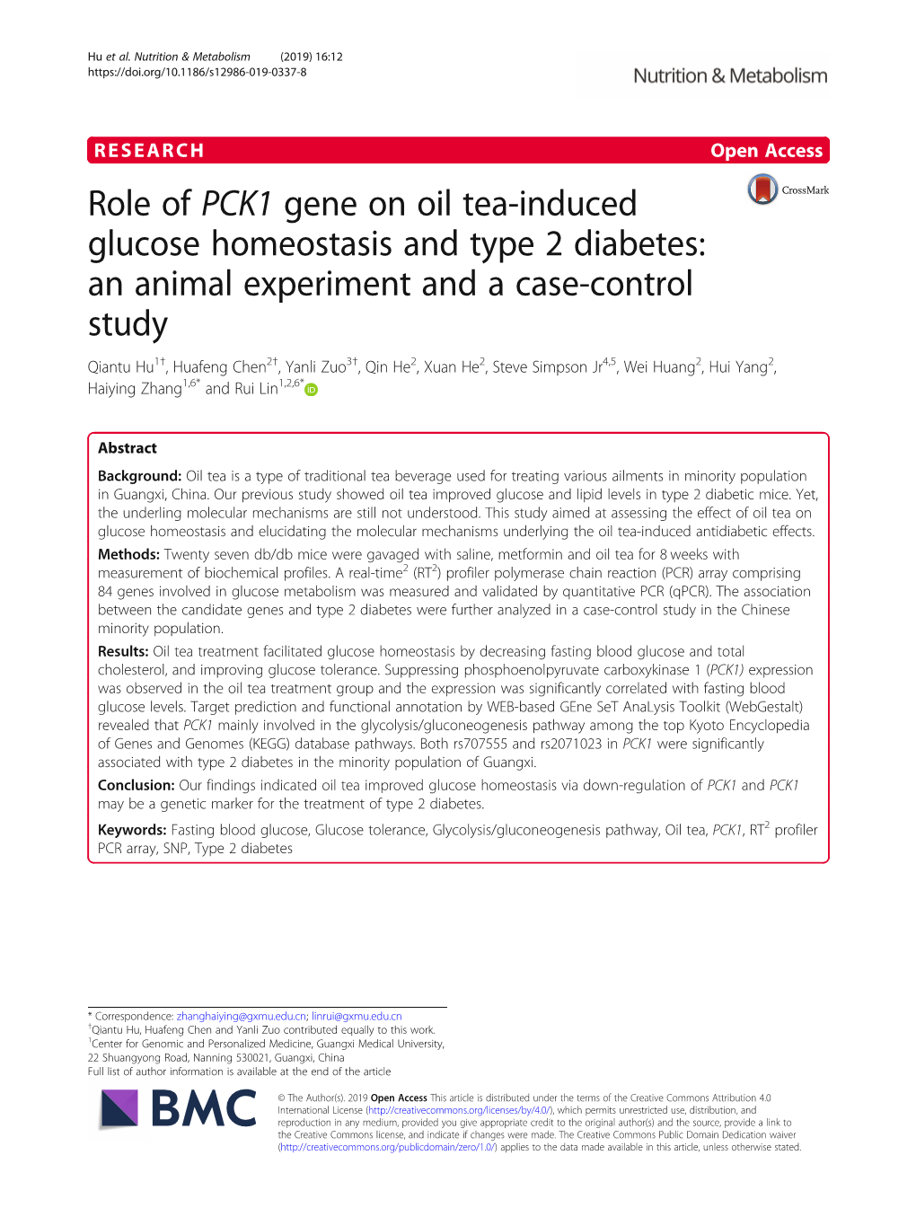 Role of PCK1 Gene on Oil Tea-Induced Glucose Homeostasis and Type 2