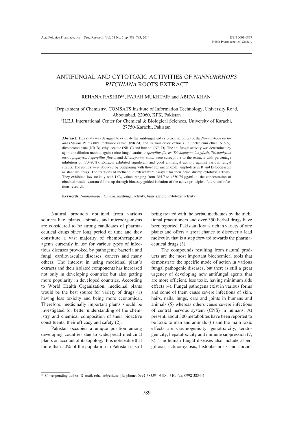 Antifungal and Cytotoxic Activities of Nannorrhops Ritchiana Roots Extract