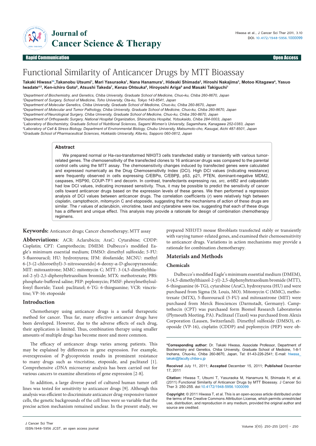 Functional Similarity of Anticancer Drugs by MTT Bioassay