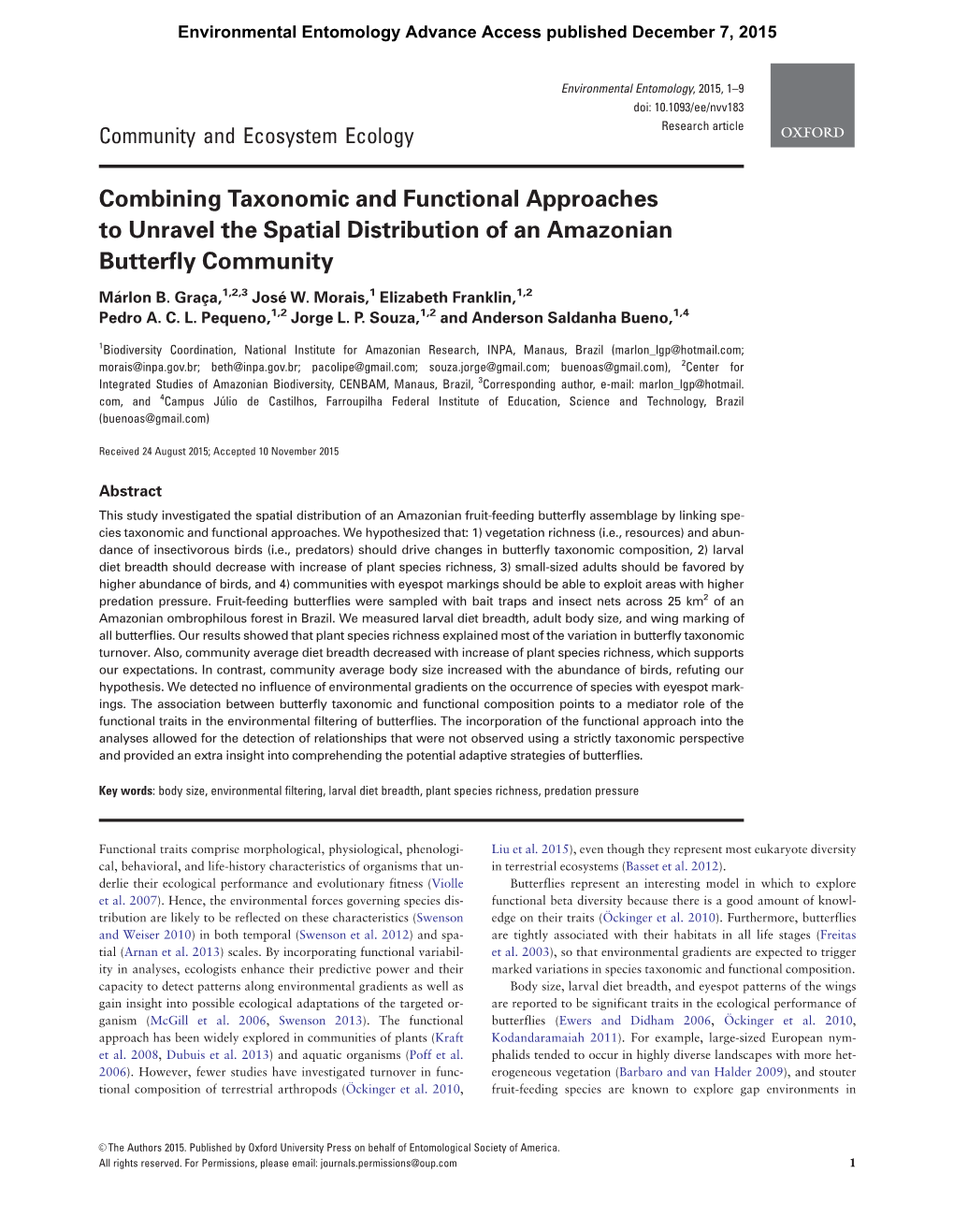 Combining Taxonomic and Functional Approaches to Unravel the Spatial Distribution of an Amazonian Butterfly Community