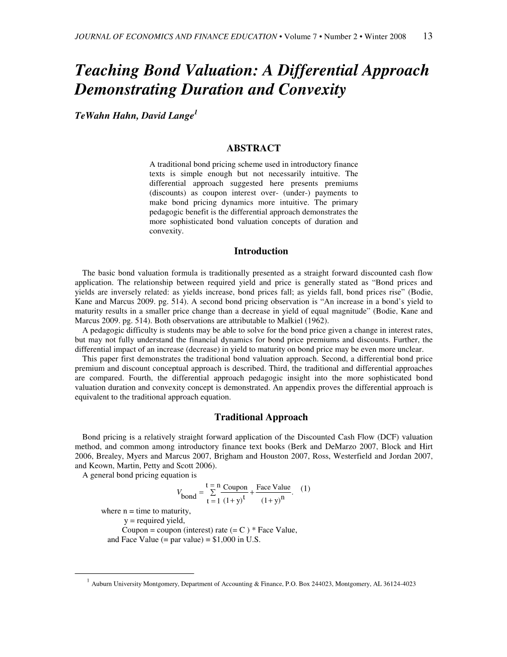 Teaching Bond Valuation: a Differential Approach Demonstrating Duration and Convexity