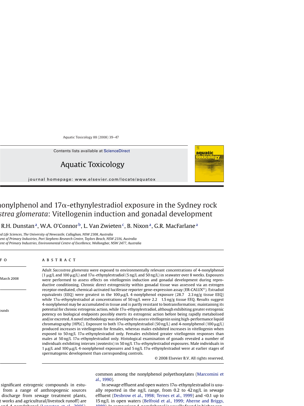 Aquatic Toxicology Ects of 4-Nonylphenol and 17