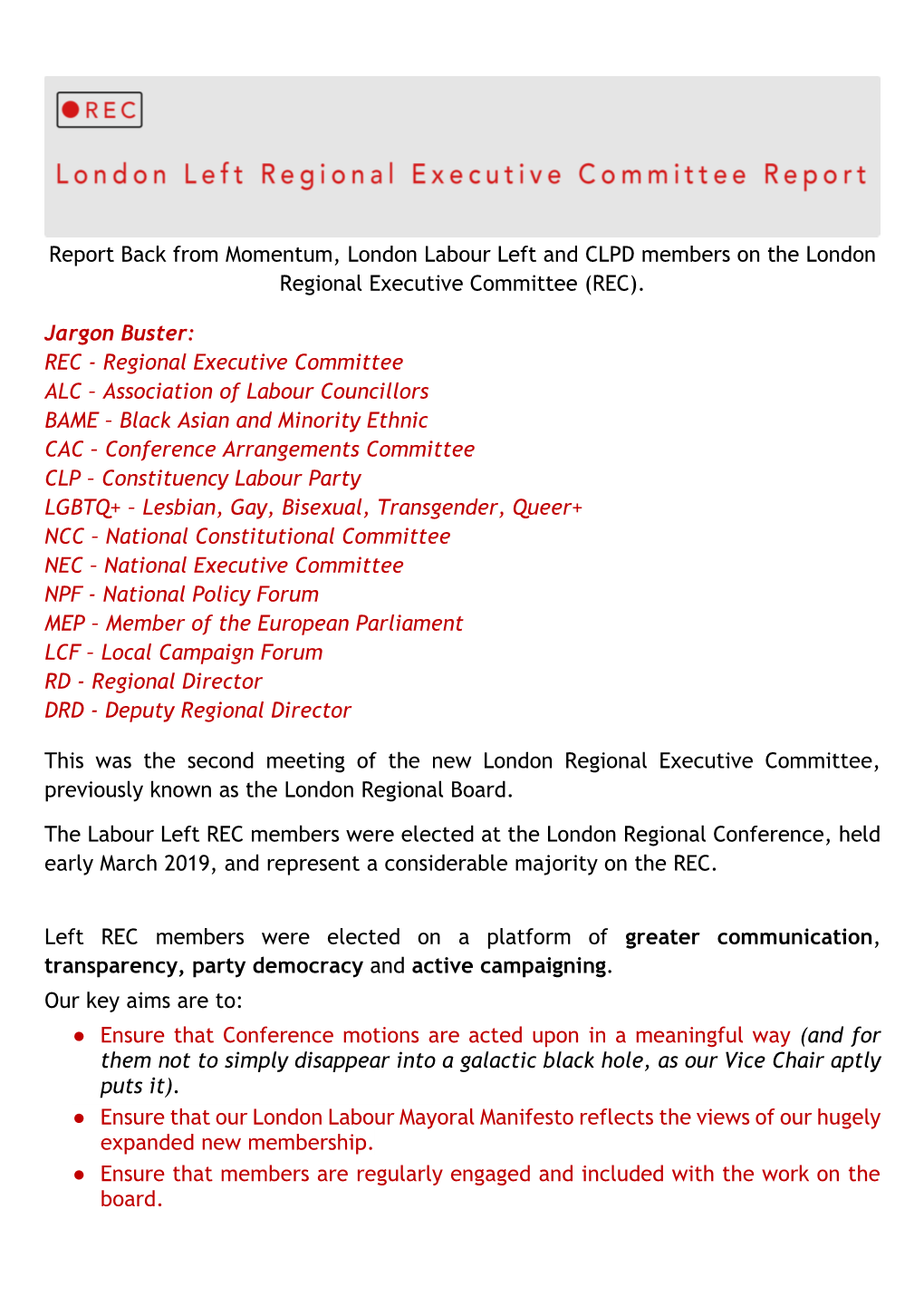 Report Back from Momentum, London Labour Left and CLPD Members on the London Regional Executive Committee (REC)