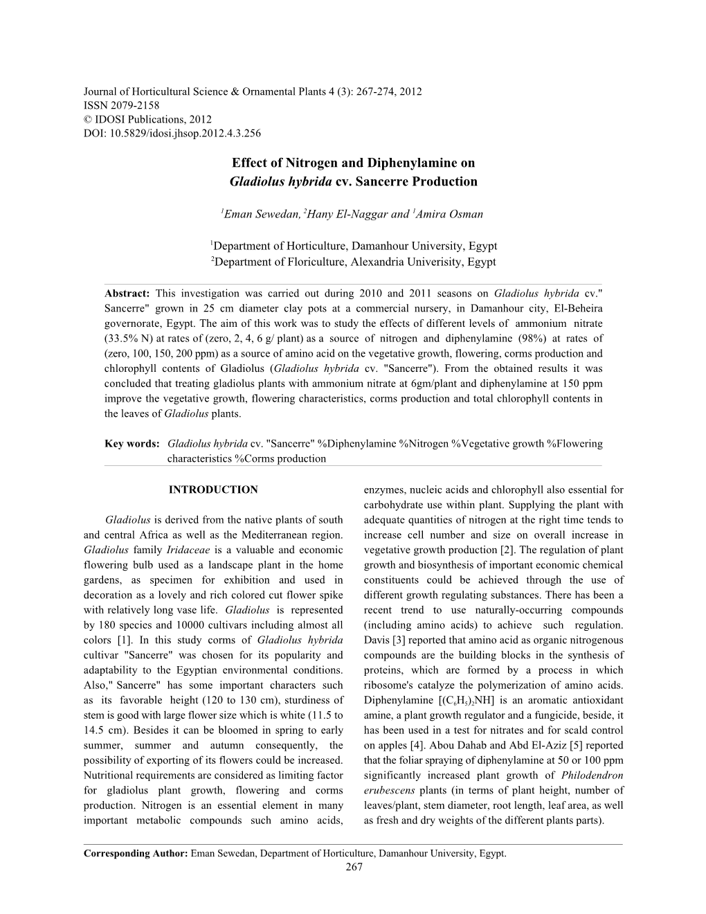 Effect of Nitrogen and Diphenylamine on Gladiolus Hybrida Cv