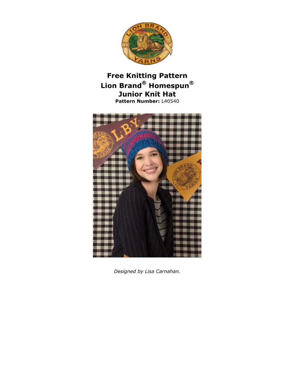 Free Knitting Pattern Lion Brand® Homespun® Junior Knit Hat Pattern Number: L40540