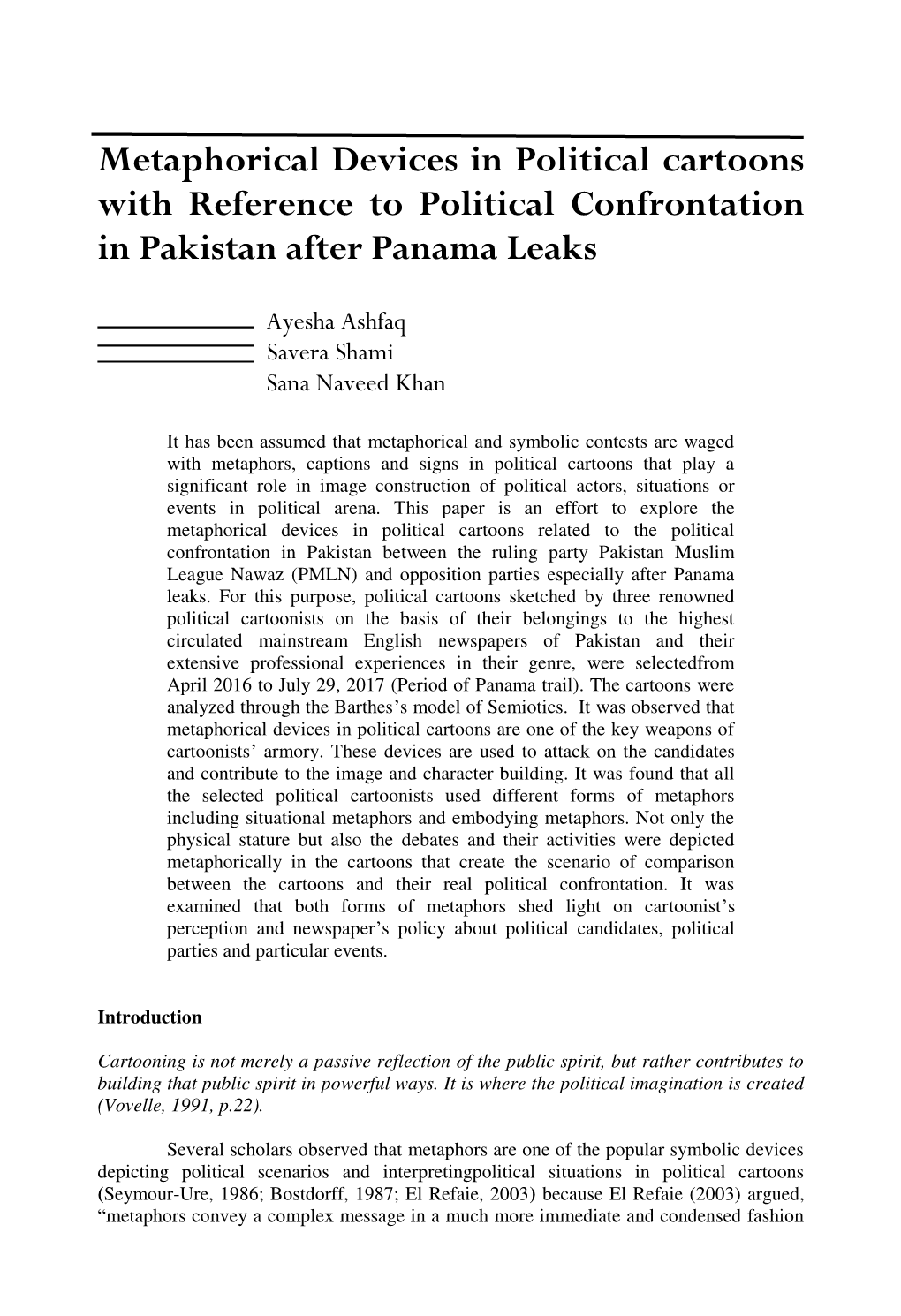 Metaphorical Devices in Political Cartoons with Reference to Political Confrontation in Pakistan After Panama Leaks