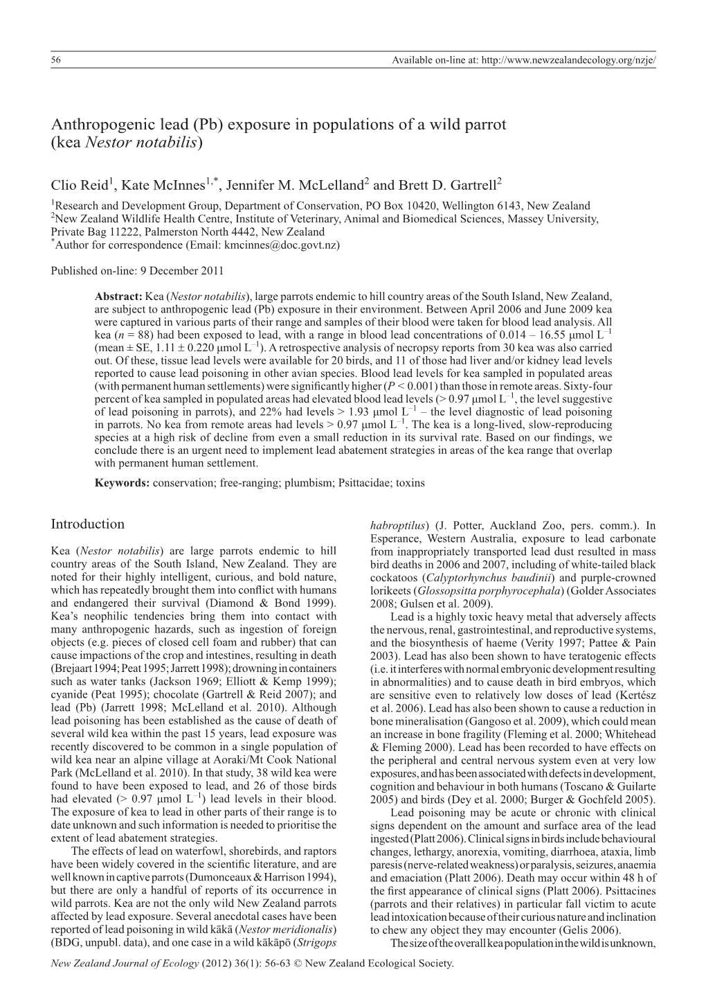 Pb) Exposure in Populations of a Wild Parrot (Kea Nestor Notabilis