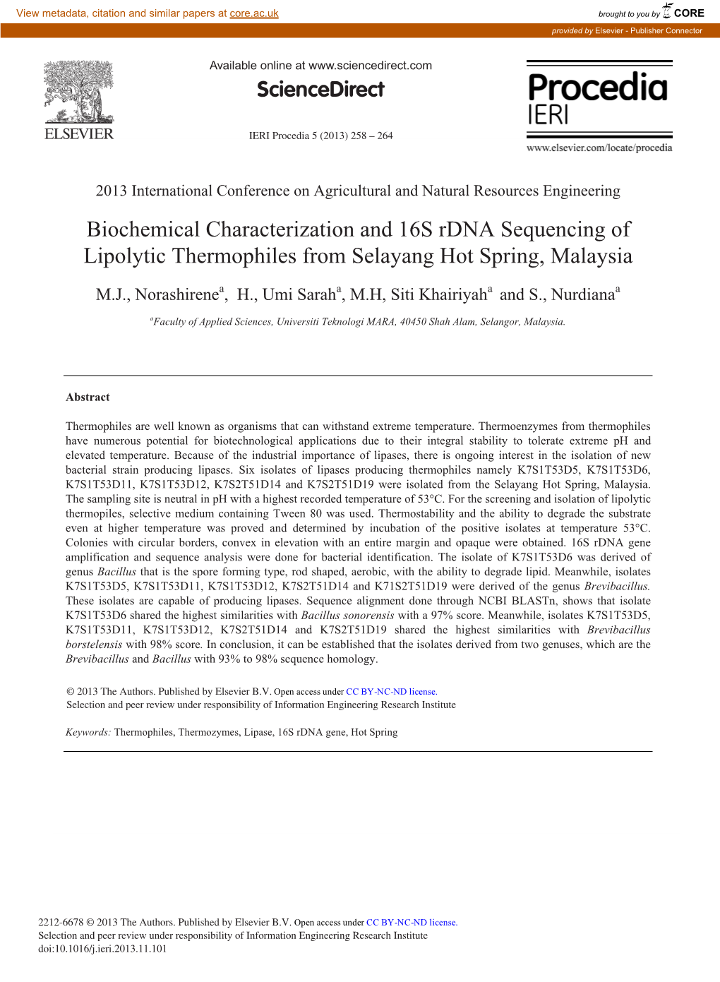Biochemical Characterization and 16S Rdna Sequencing of Lipolytic Thermophiles from Selayang Hot Spring, Malaysia