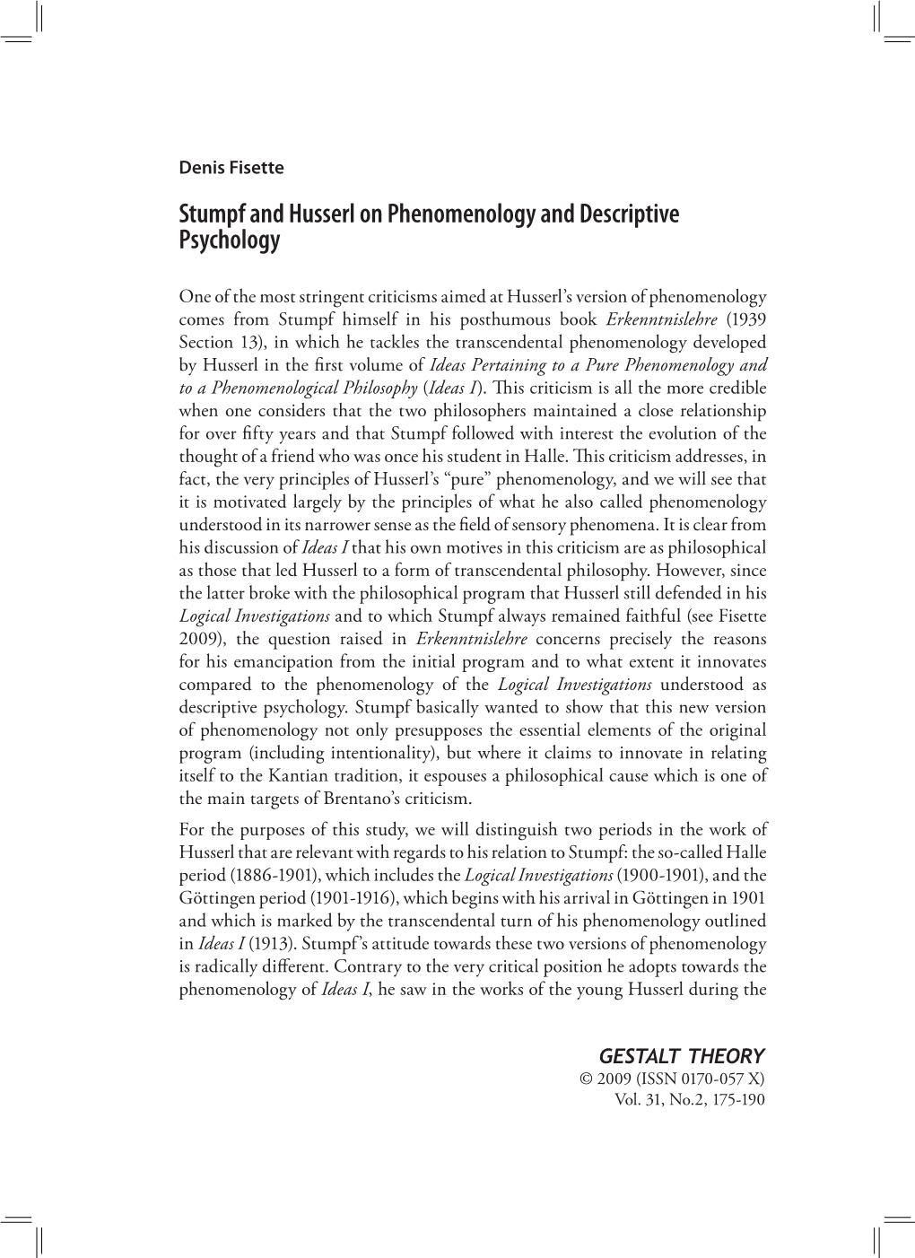 Stumpf and Husserl on Phenomenology and Descriptive Psychology