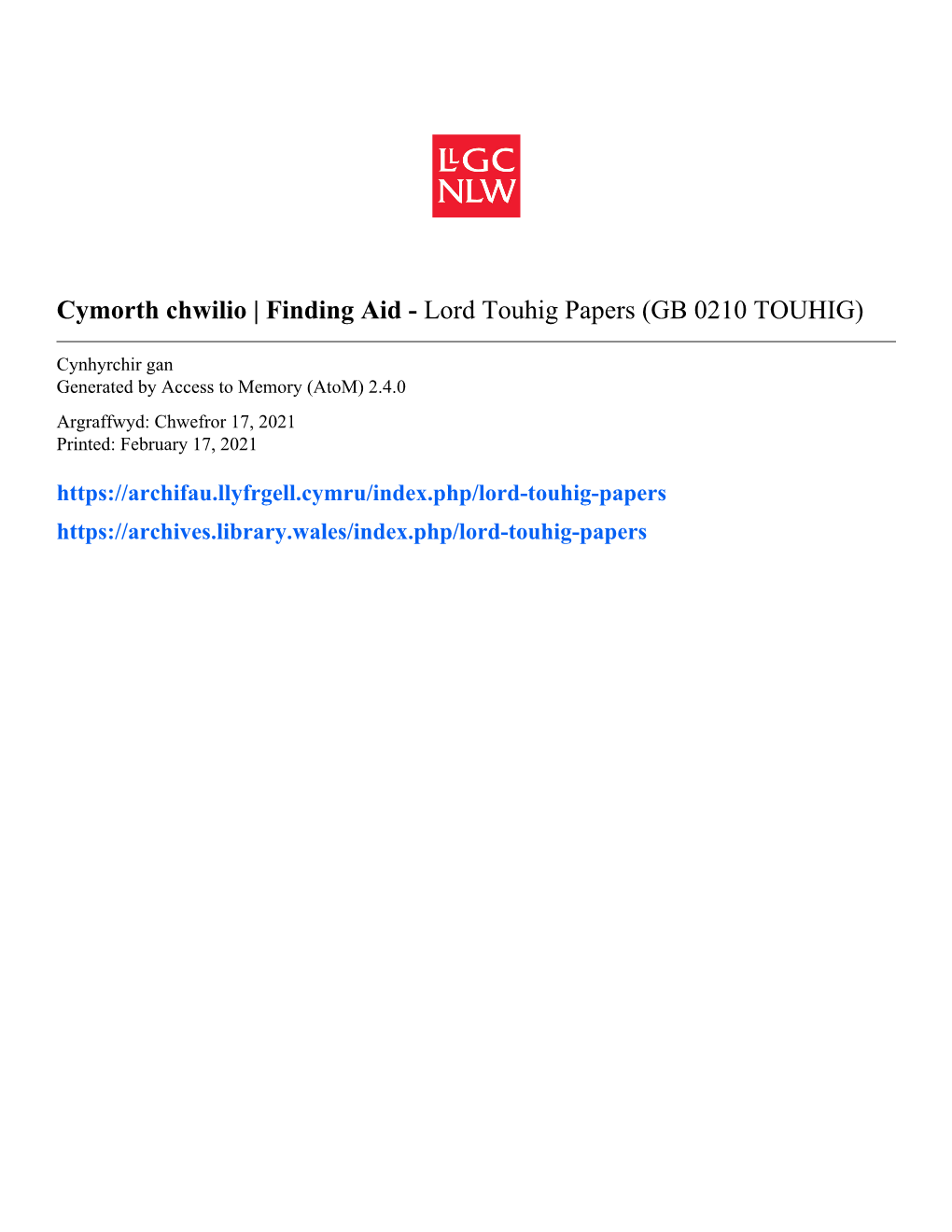 Cymorth Chwilio | Finding Aid - Lord Touhig Papers (GB 0210 TOUHIG)