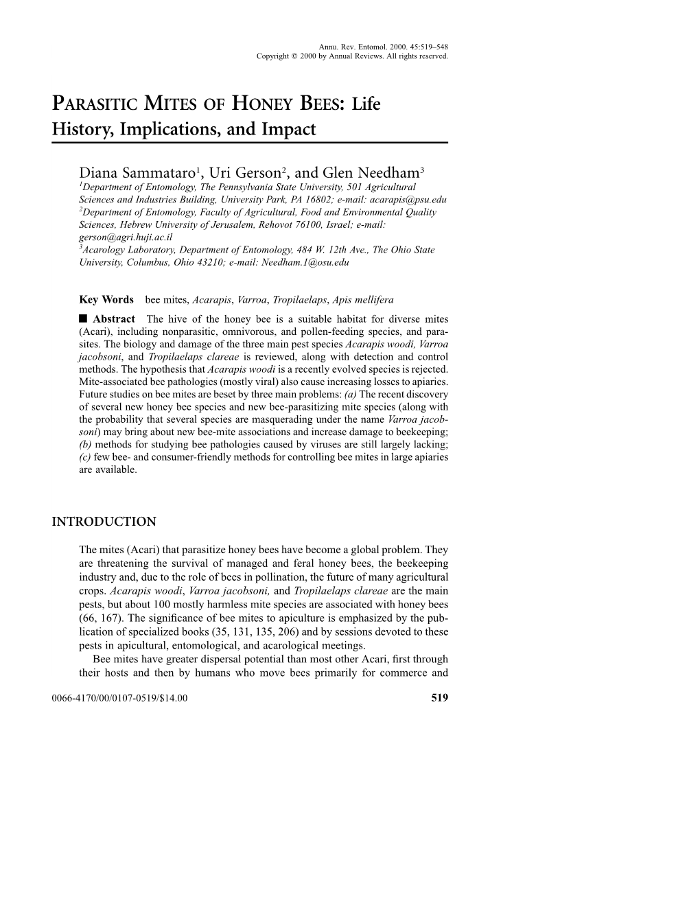 PARASITIC MITES of HONEY BEES: Life History, Implications, and Impact