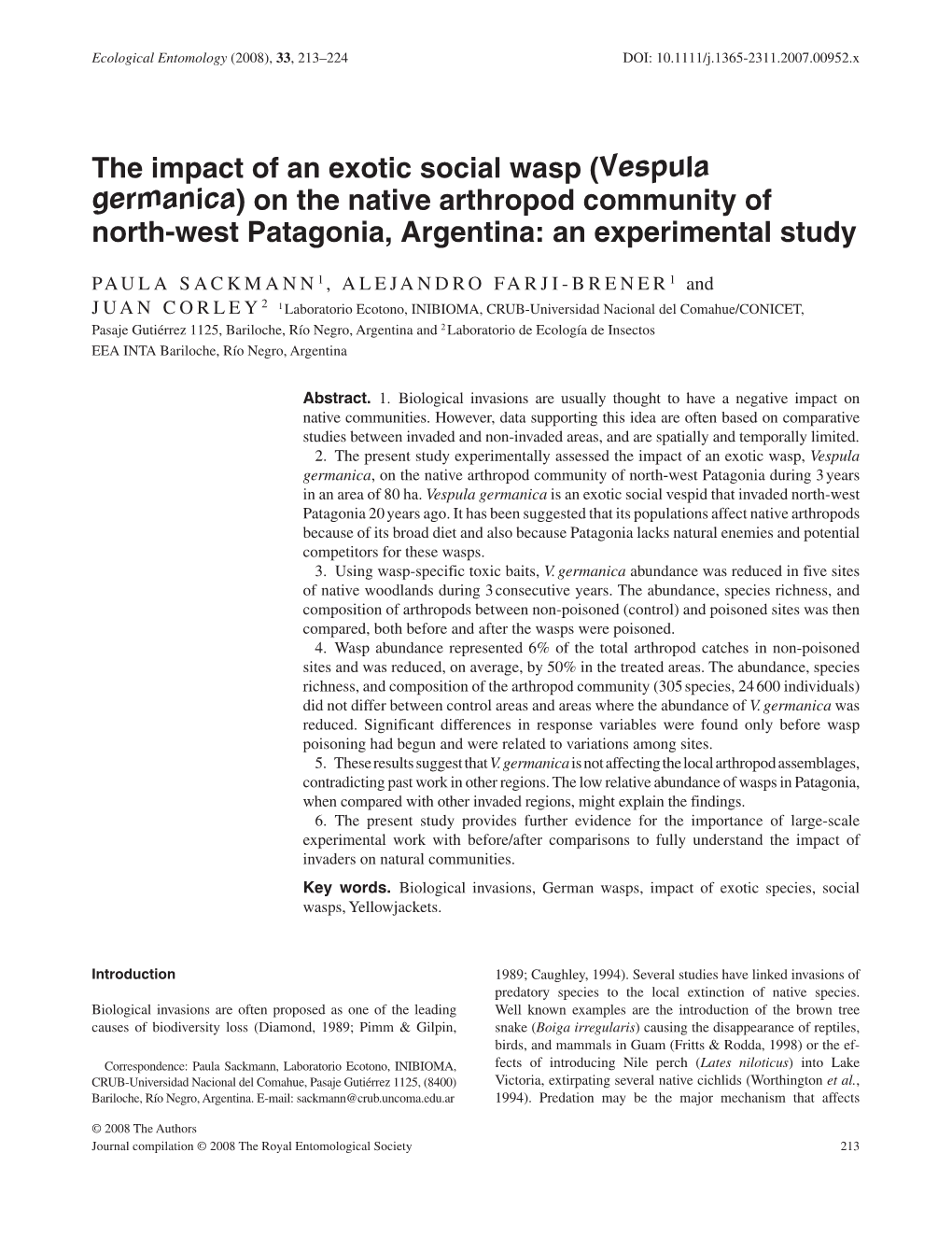 Vespula Germanica ) on the Native Arthropod Community of North-West Patagonia, Argentina: an Experimental Study