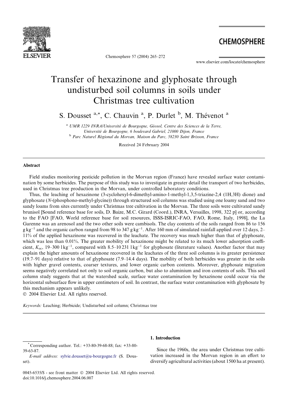 Transfer of Hexazinone and Glyphosate Through Undisturbed Soil Columns in Soils Under Christmas Tree Cultivation