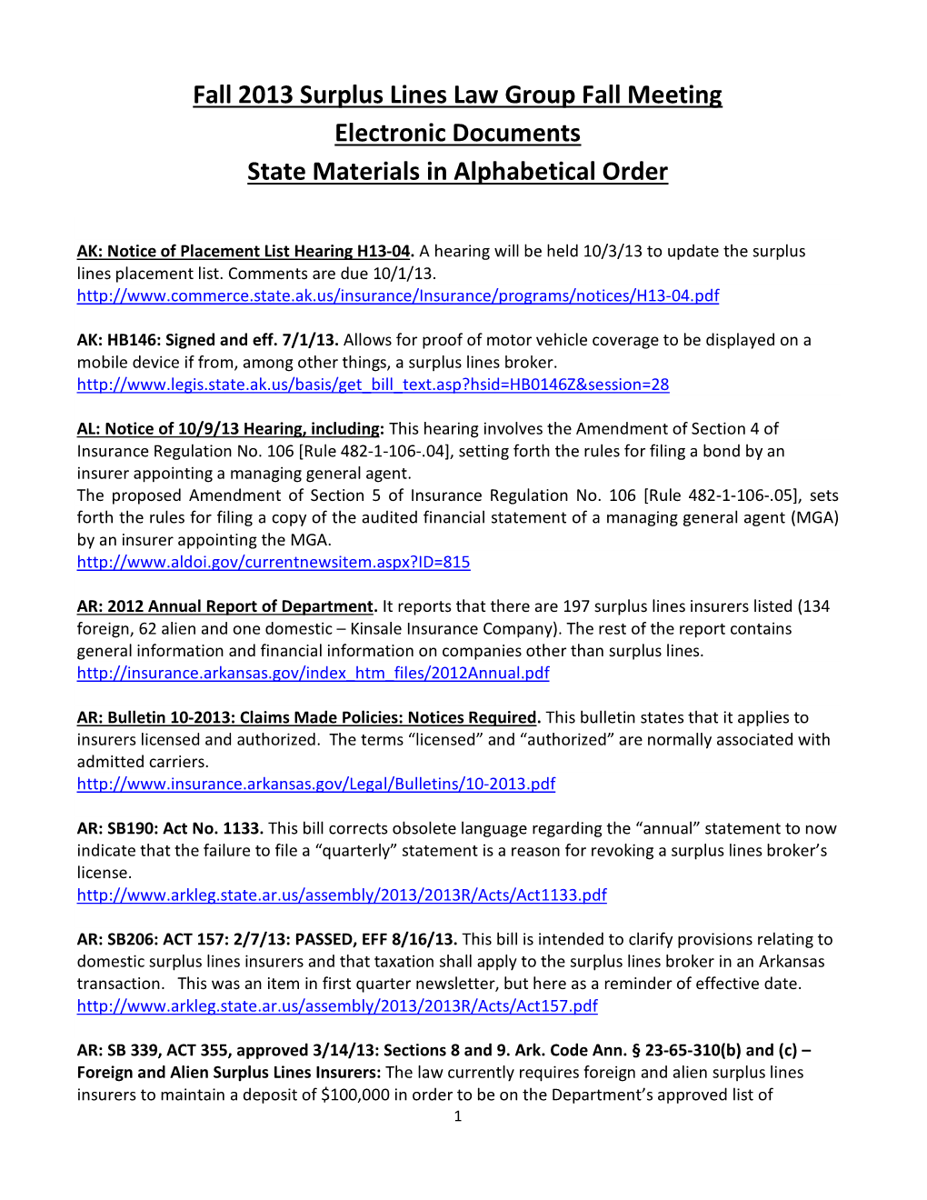 Fall 2013 Surplus Lines Law Group Fall Meeting Electronic Documents State Materials in Alphabetical Order