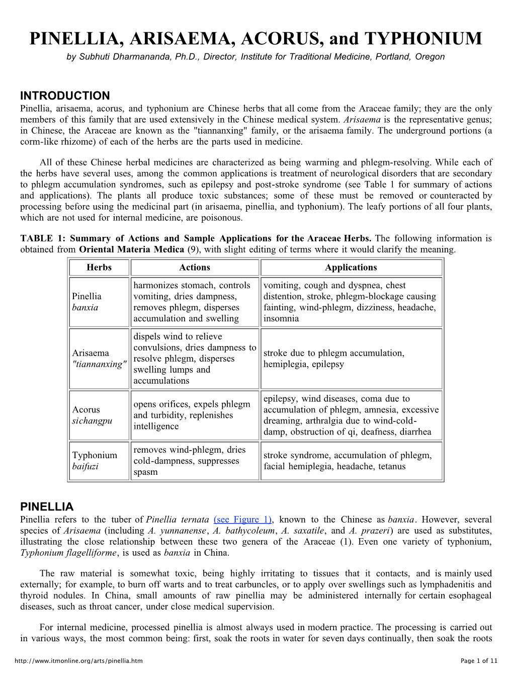 PINELLIA, ARISAEMA, ACORUS, and TYPHONIUM by Subhuti Dharmananda, Ph.D., Director, Institute for Traditional Medicine, Portland, Oregon