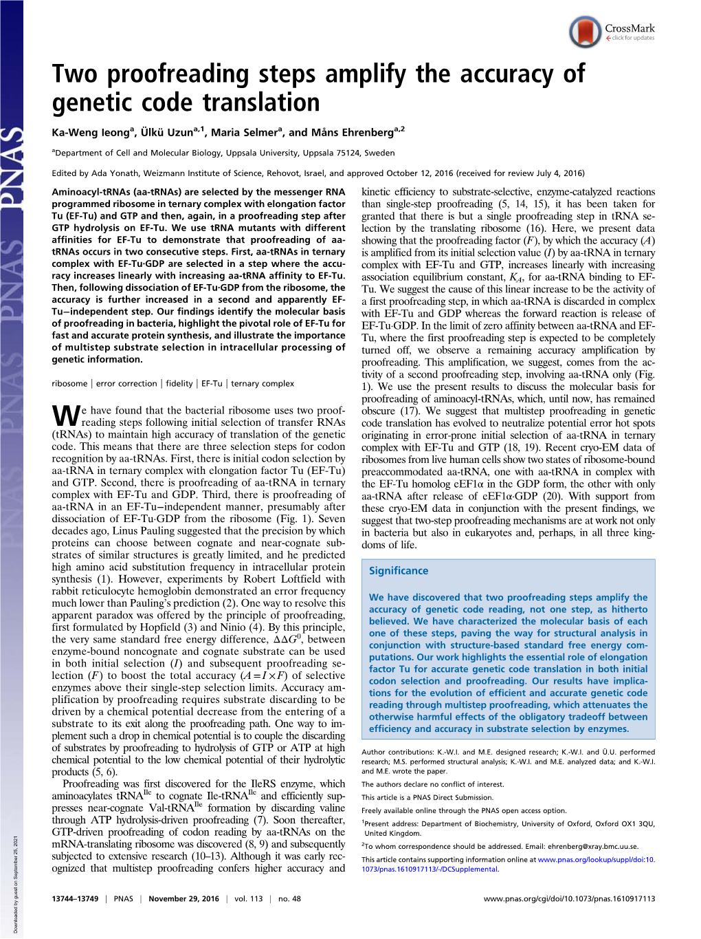 Two Proofreading Steps Amplify the Accuracy of Genetic Code Translation