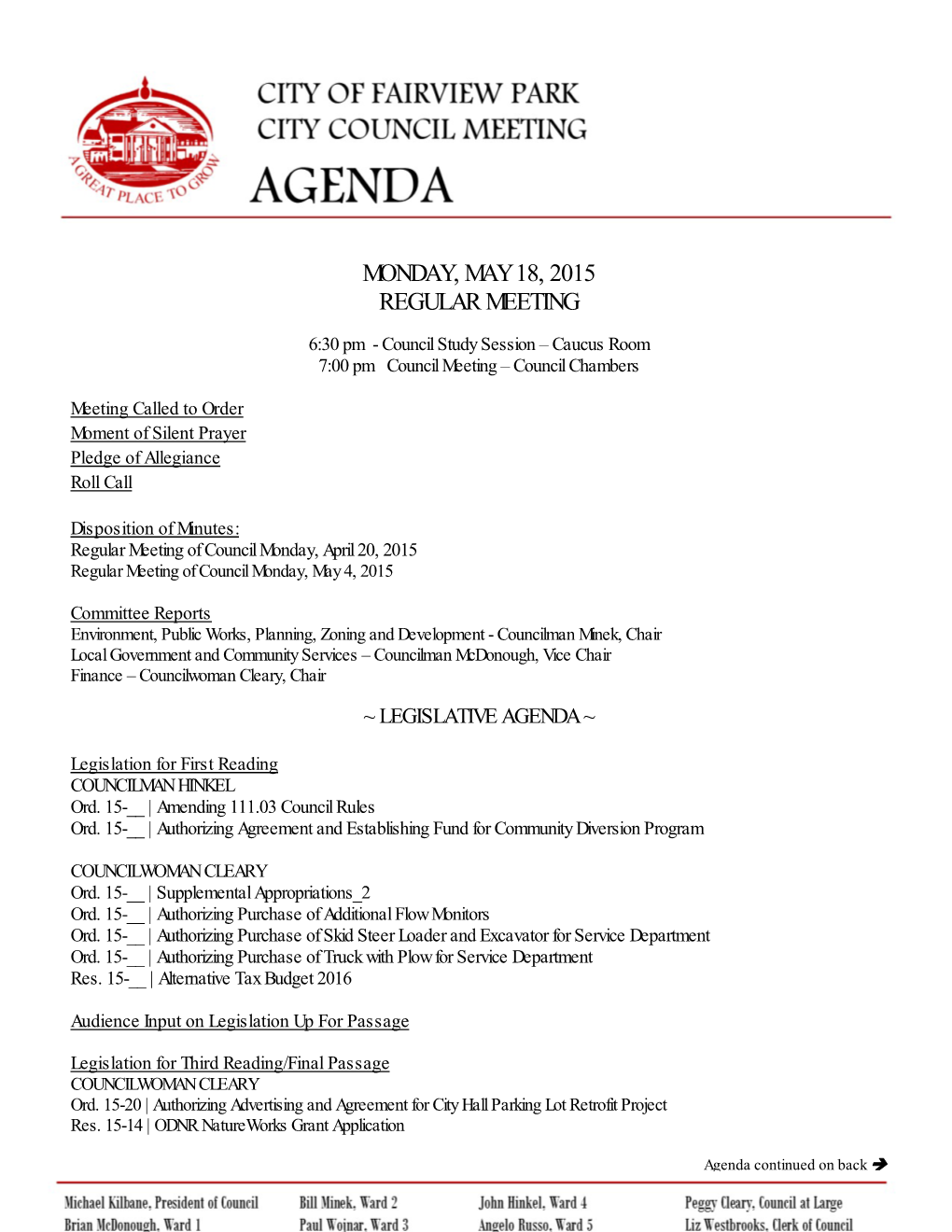 Monday, May 18, 2015 Regular Meeting