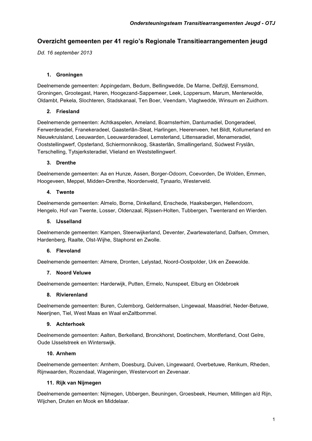 Overzicht Gemeenten Per 41 Regio's Regionale Transitiearrangementen Jeugd