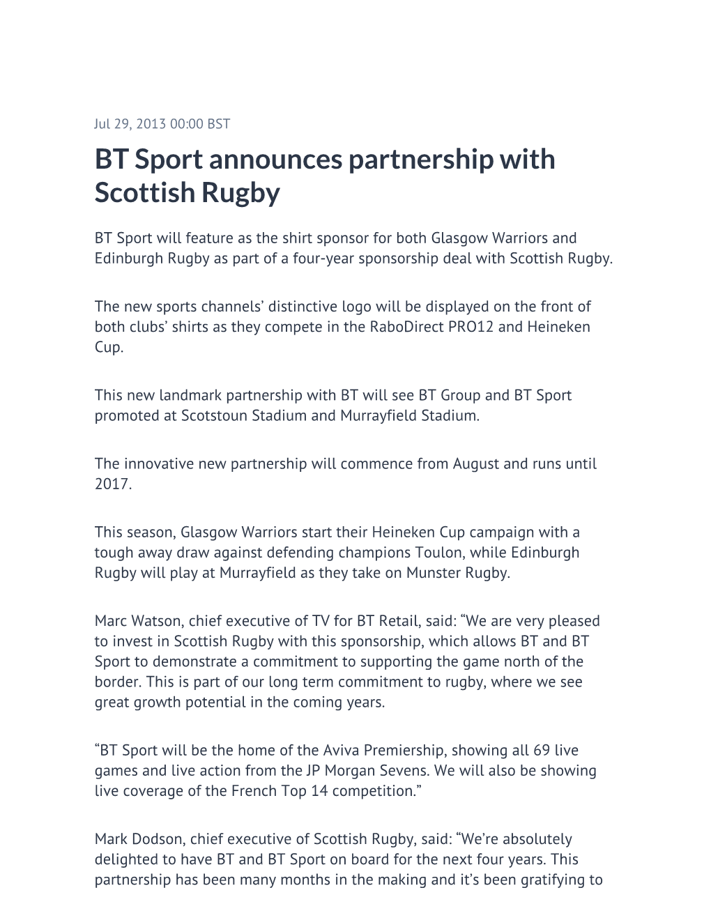 BT Sport Announces Partnership with Scottish Rugby