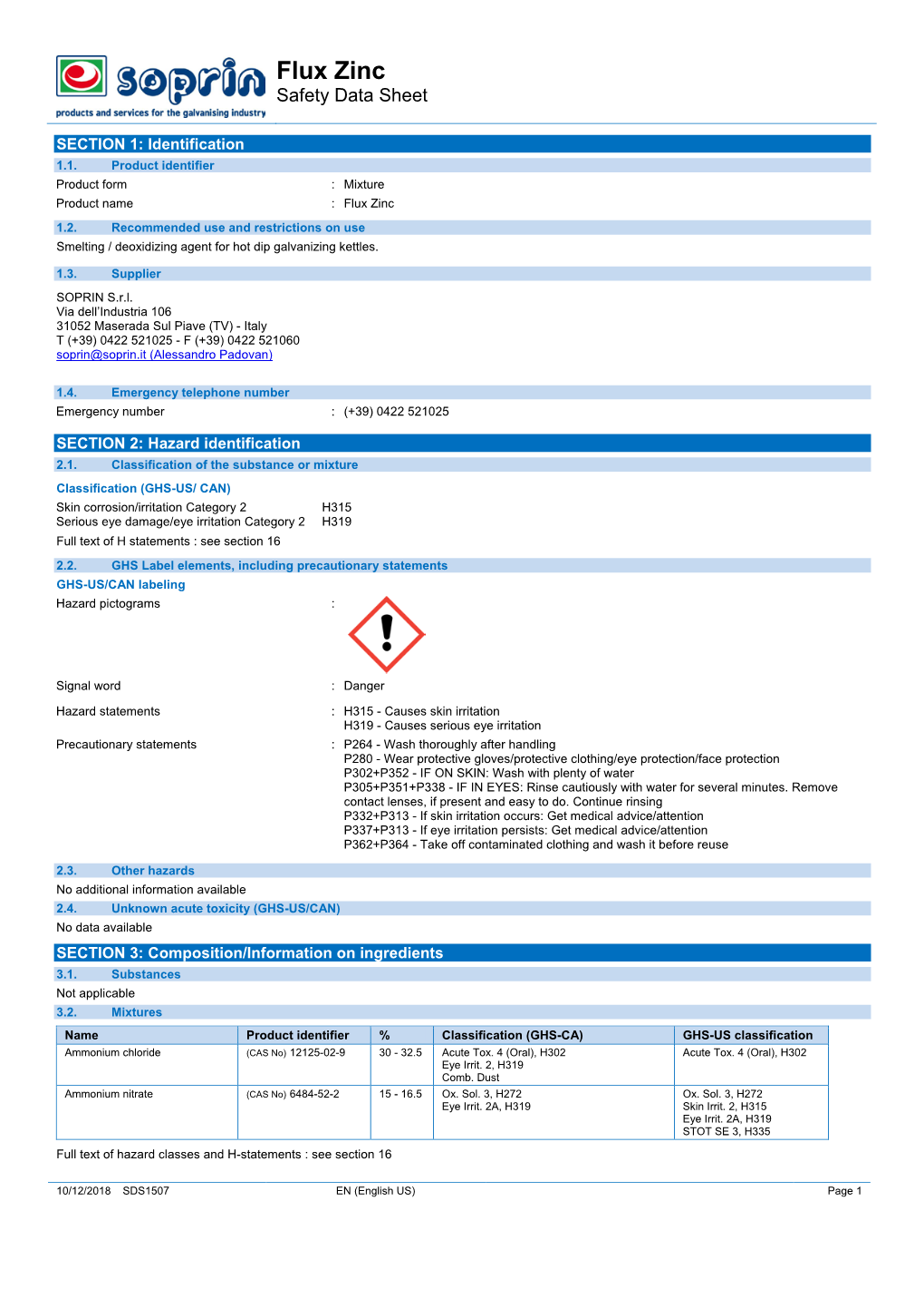 SOPRIN Flux Zinc Safety Data Sheet