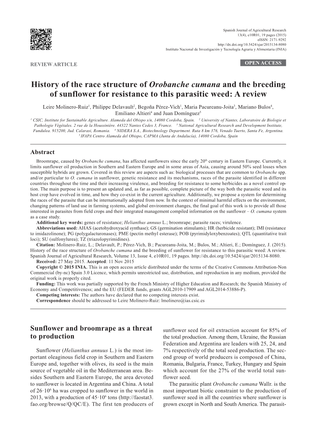 History of the Race Structure of Orobanche Cumana and the Breeding of Sunflower for Resistance to This Parasitic Weed: a Review