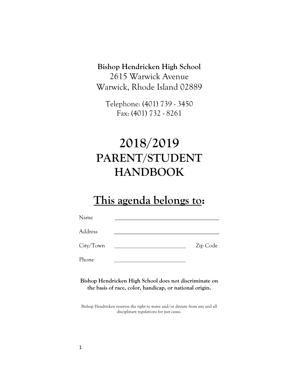 PARENT/STUDENT HANDBOOK This Agenda Belongs