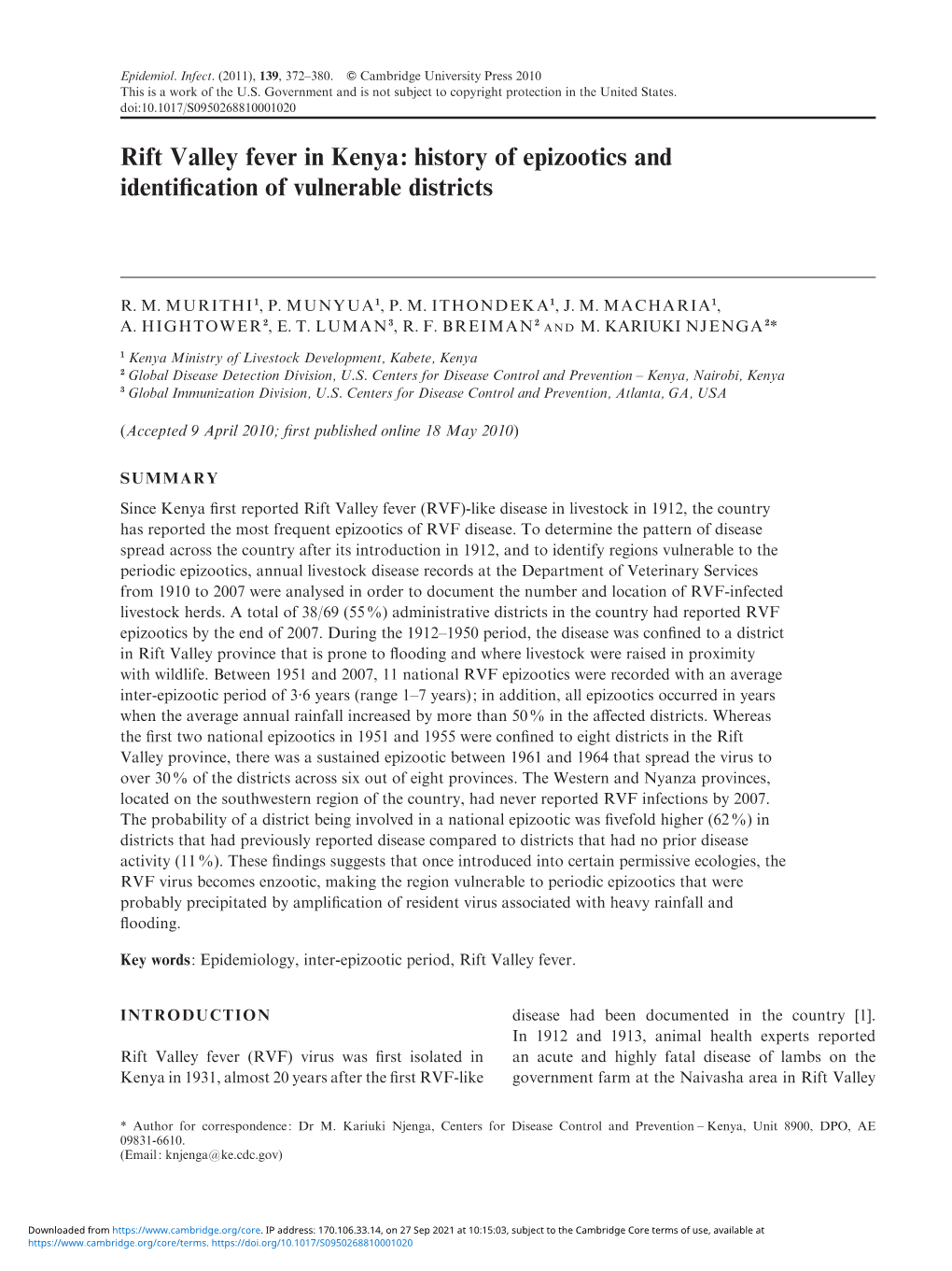 Rift Valley Fever in Kenya: History of Epizootics and Identification Of