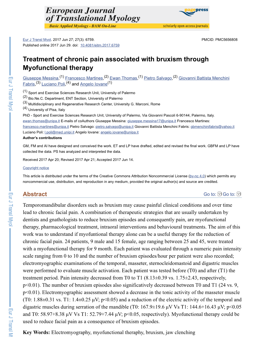 Treatment of Chronic Pain Associated with Bruxism Through Myofunctional Therapy