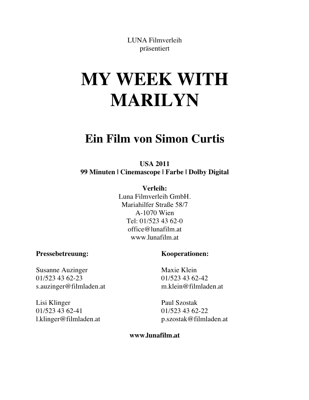 MY WEEK with MARILYN Presseheft