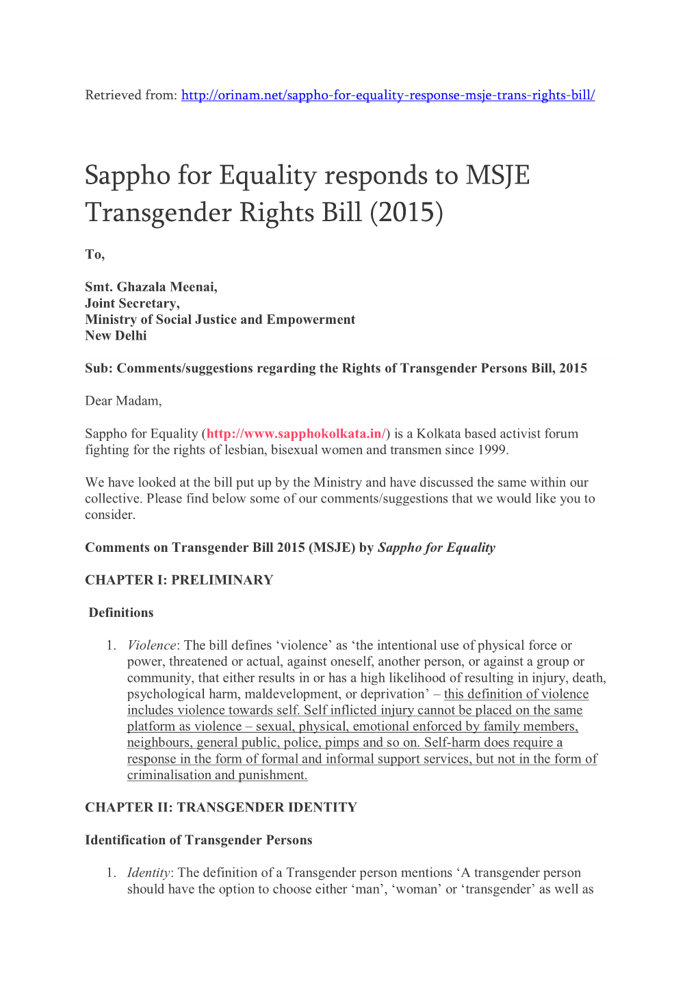 Sappho for Equality Responds to MSJE Transgender Rights Bill (2015)