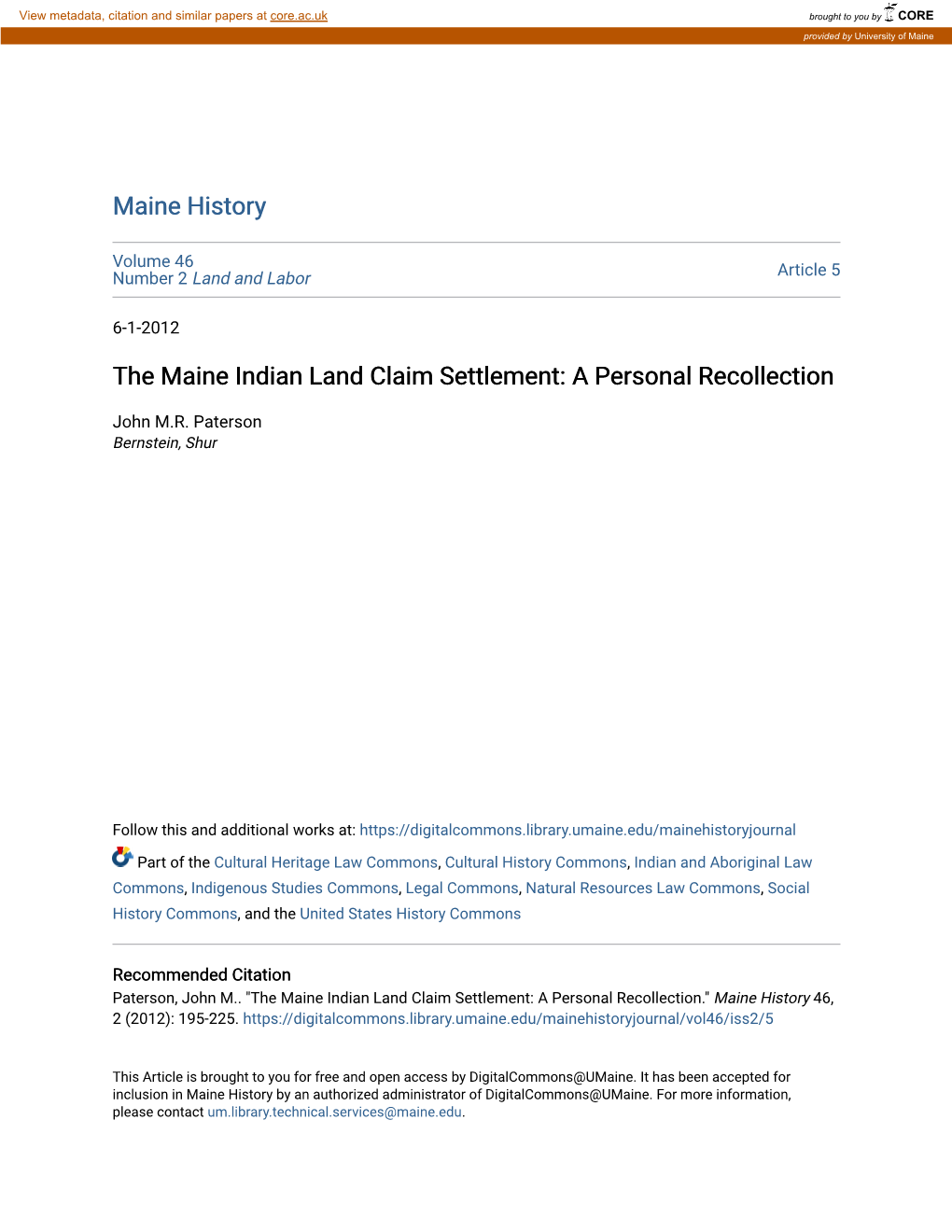 The Maine Indian Land Claim Settlement: a Personal Recollection