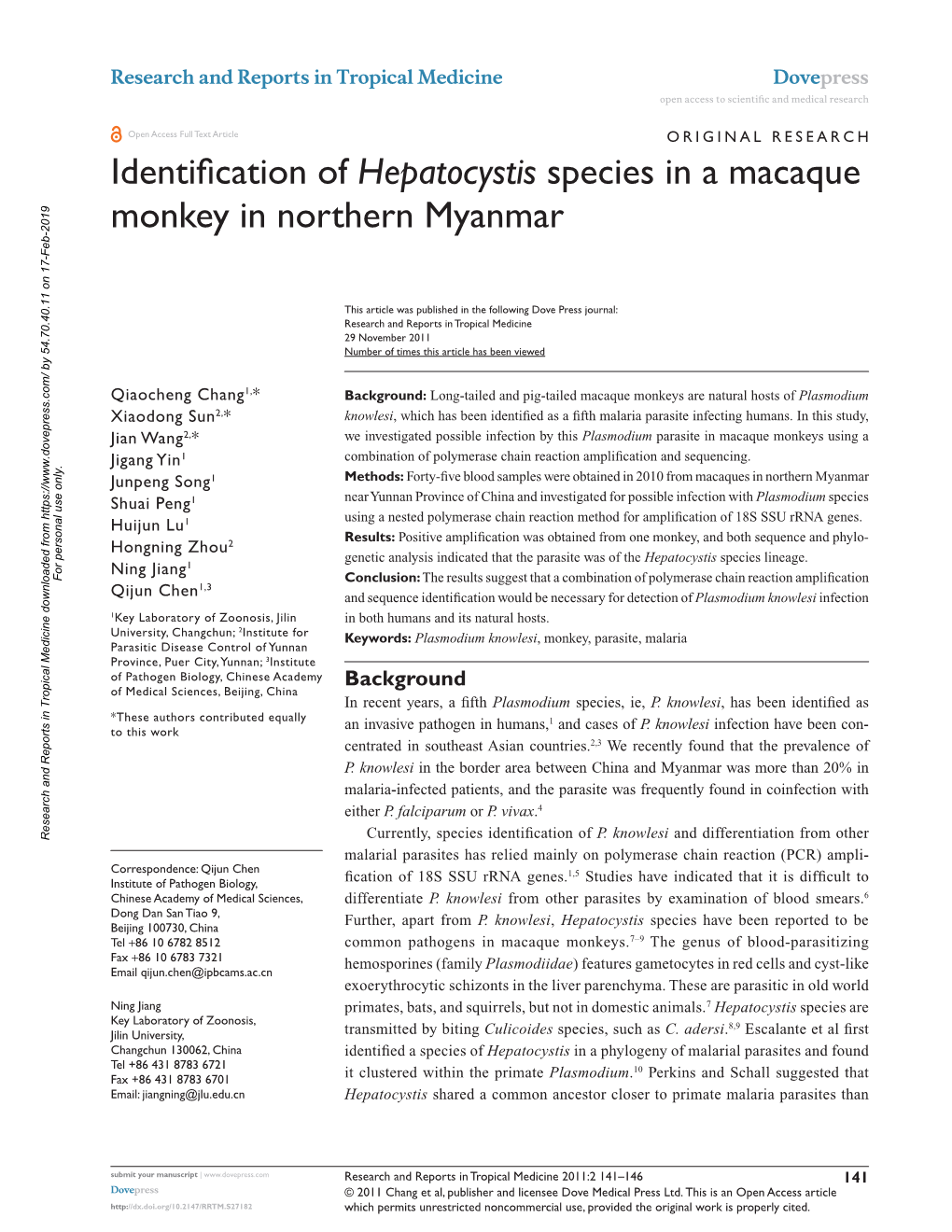 Identification of Hepatocystis Species in a Macaque Monkey in Northern